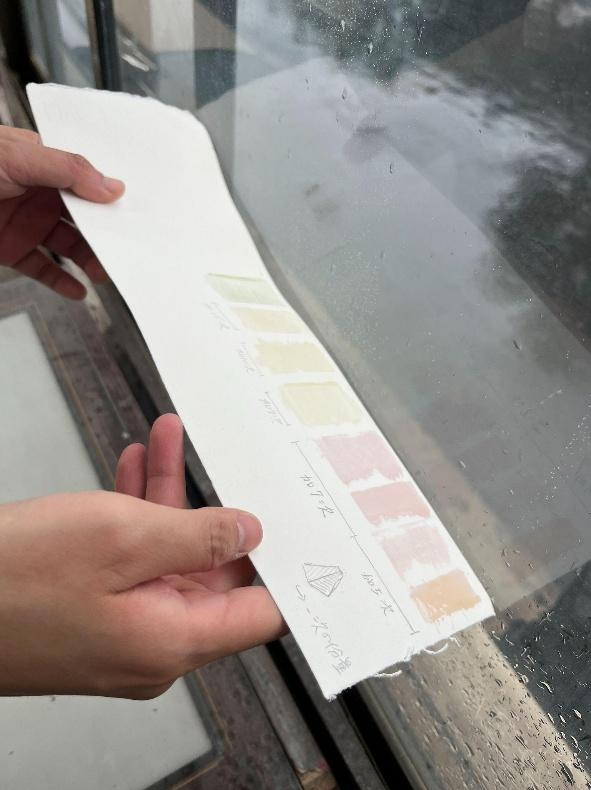 Figure 9 (Left): Test colors after mixing UV photosensitive powder with ink, reacting to ultraviolet light near the window.