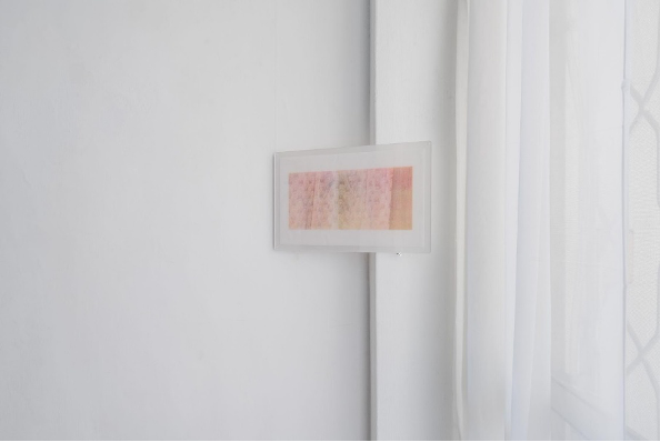 Figure 2 Fu Sheng-Ya, “Feathers in the Room〈房間的羽毛〉,” print, thin fiber paper, acrylic stand, 13.5x30 cm, 2022. Color-separated paper is tightly adhered with an acrylic sheet, combining with the space’s light to create a translucent effect.
