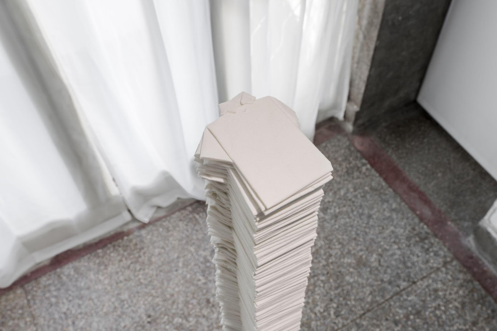 Figure 8 Fu Sheng-Ya, “Folded_Storage #1〈摺起_收納 1〉,” toilet paper, iron fittings, dimensions vary by venue, 2021.