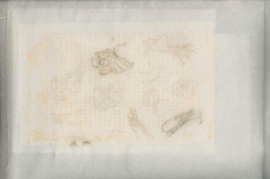(Right) Small objects patterns inside the paper fold, documents photocopied from paper lithography and images of leftovers from the dining table.